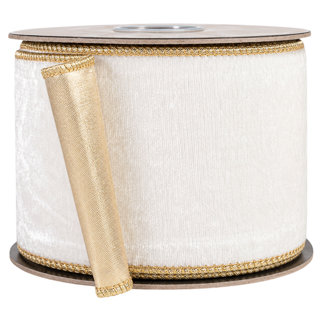 The Matthew John Collective 4-inch ivory velvet and metallic gold dupioni wired ribbon on a spool for holiday decor.