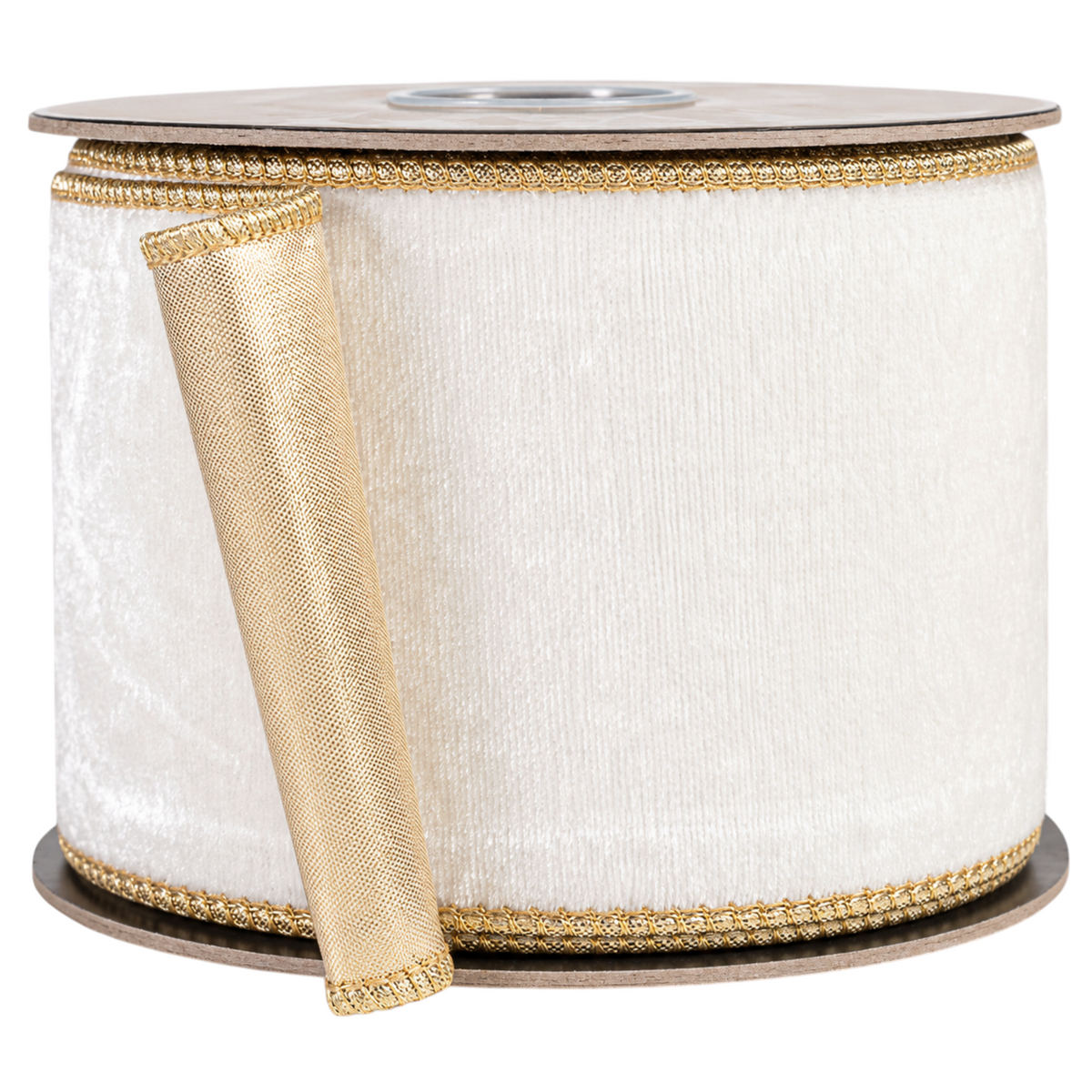 The Matthew John Collective 4-inch ivory velvet and metallic gold dupioni wired ribbon on a spool for holiday decor.