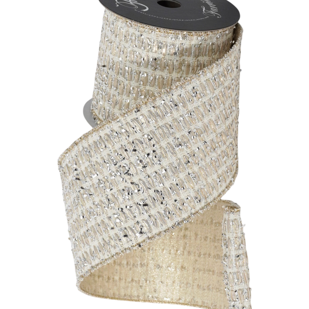 The Matthew John Collective Farrisilk ivory holiday ribbon with shimmering silver tinsel louvers and textured weave.
