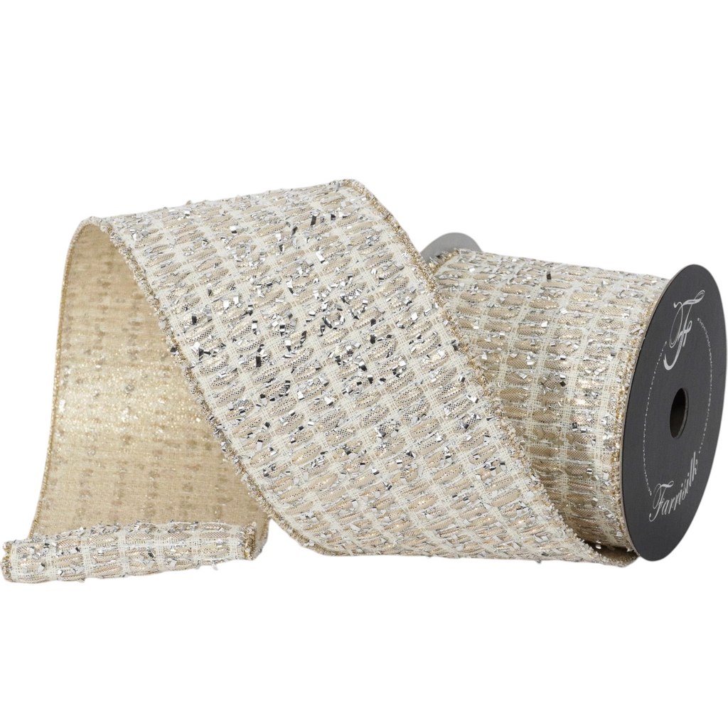 The Matthew John Collective Farrisilk ivory holiday ribbon with silver tinsel louvers and a shimmering textured finish.