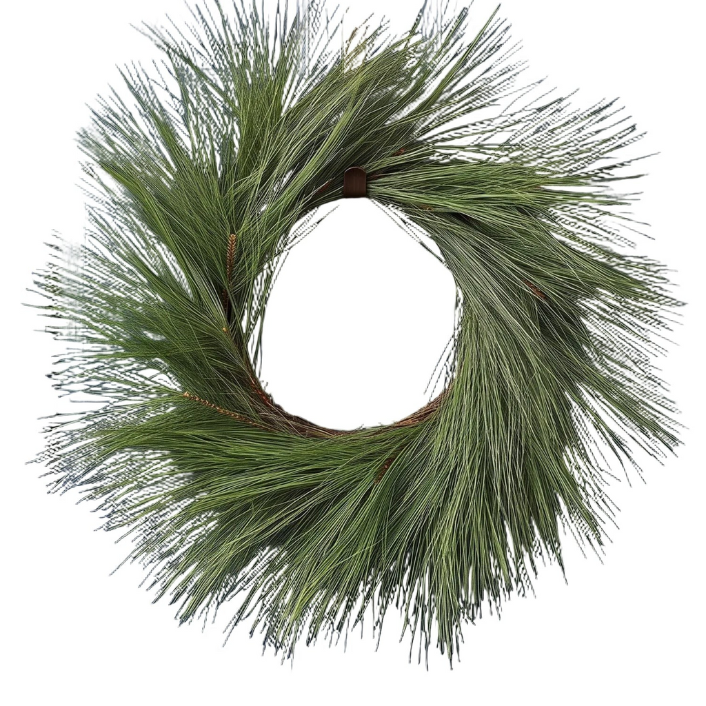 The Matthew John Collective 28-inch evergreen jumbo needle pine wreath on a natural twig base hanging on a blue door.