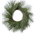 The Matthew John Collective 28-inch evergreen jumbo needle pine wreath on a natural twig base hanging on a blue door.