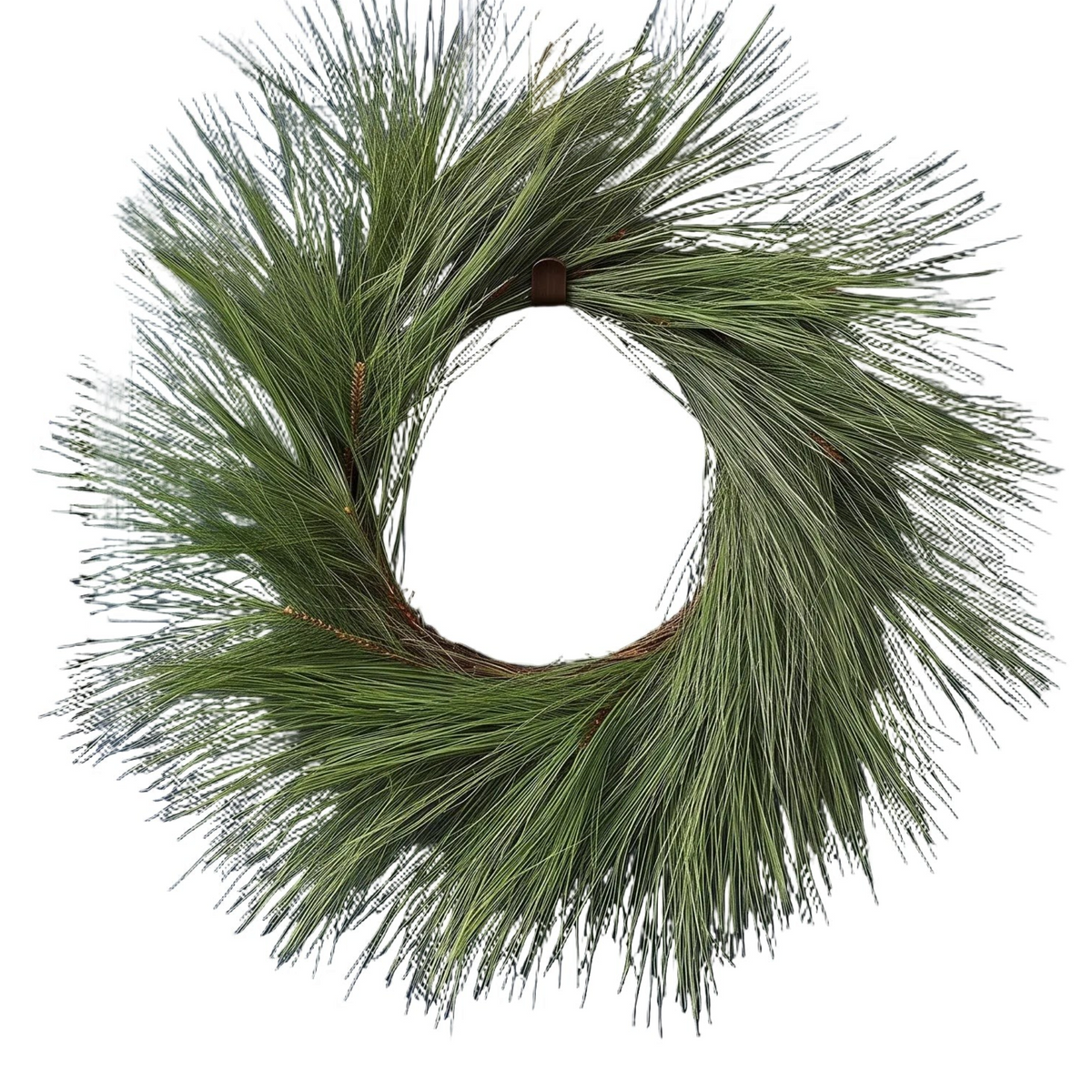The Matthew John Collective 28-inch evergreen jumbo needle pine wreath on a natural twig base hanging on a blue door.
