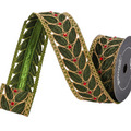 The Matthew John Collective Farrisilk laurel leaf lace ribbon in olive green and gold with red rhinestone accents.