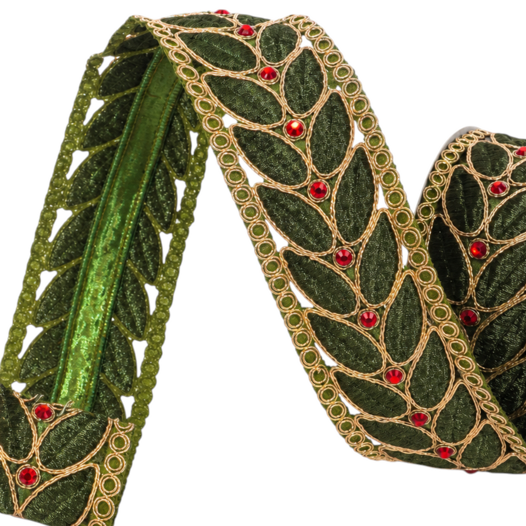 The Matthew John Collective Farrisilk laurel leaf lace ribbon in olive green velvet with gold trim and red rhinestones.