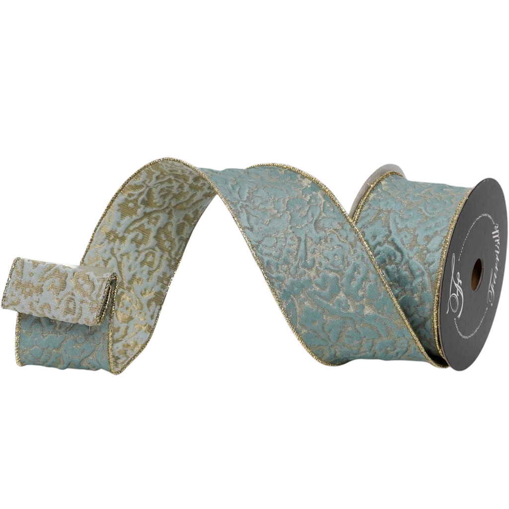 The Matthew John Collective Farrisilk plush light blue holiday ribbon with gold metallic acanthus leaf pattern
