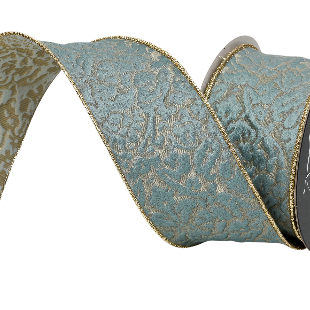 The Matthew John Collective Farrisilk plush light blue holiday ribbon with gold metallic acanthus leaf pattern