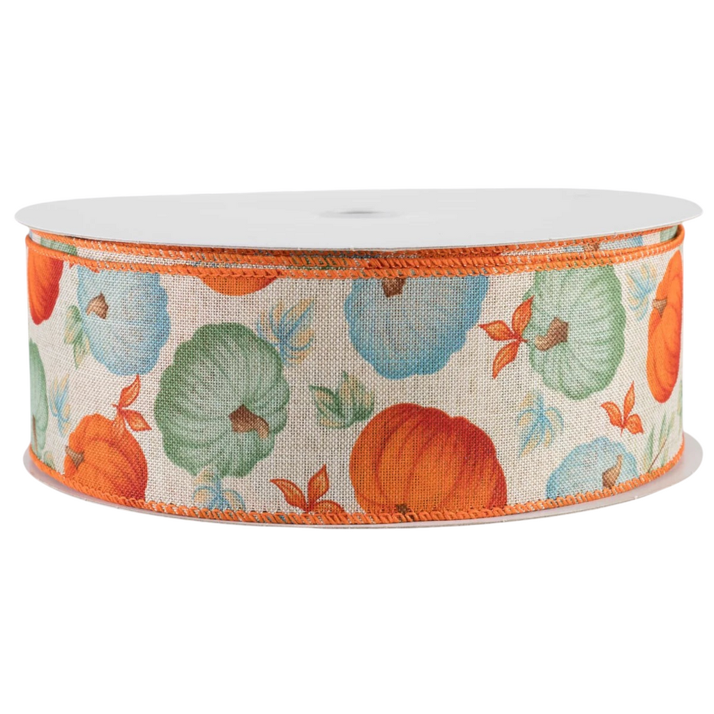 The Matthew John Collective linen ribbon with orange, teal, and green pumpkin print and wired orange stitched edges.