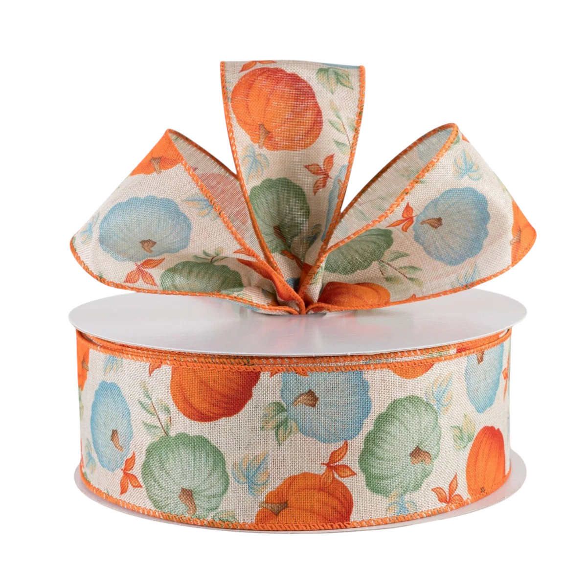 The Matthew John Collective 2.5 inch wired linen ribbon featuring orange and teal pumpkins on a natural beige base.