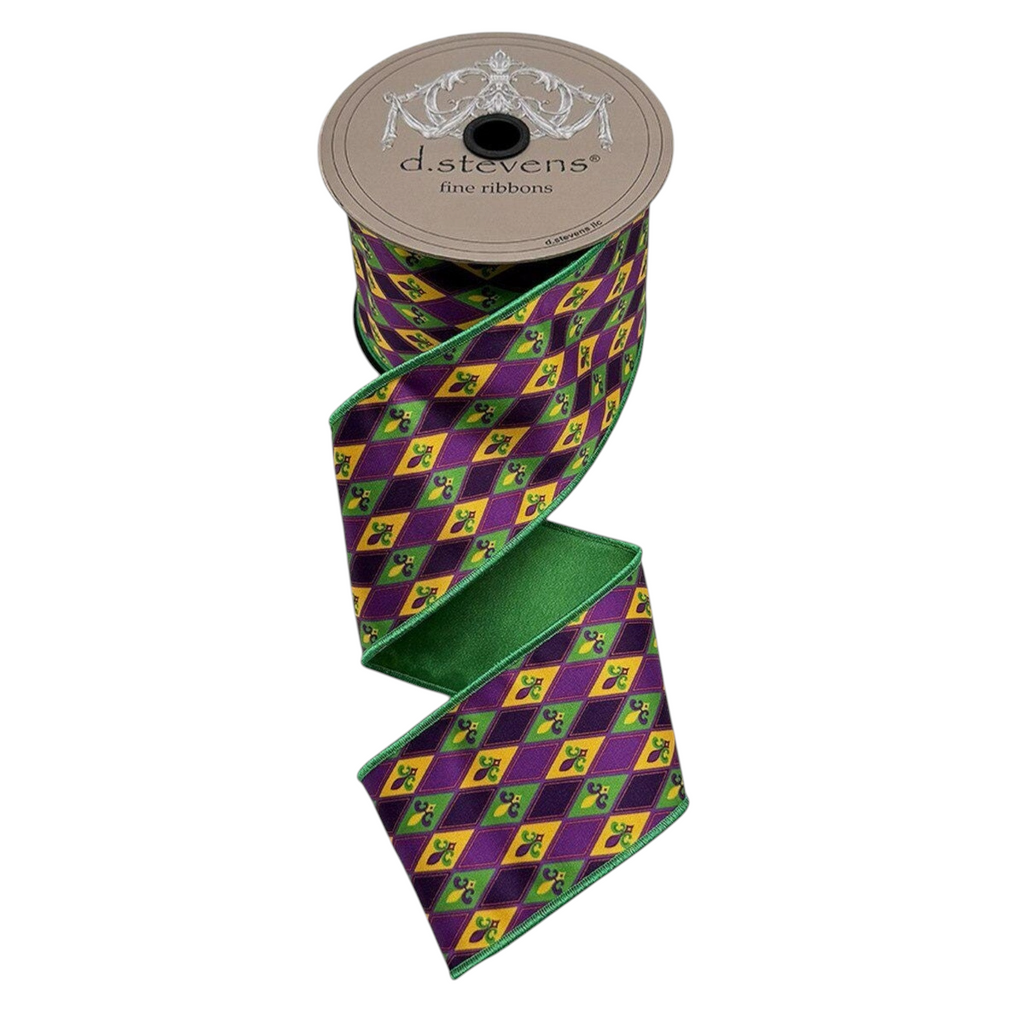 The Matthew John Collective 3-inch satin Mardi Gras ribbon featuring a purple and green harlequin fleur de lis pattern.