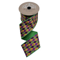 The Matthew John Collective 3-inch satin Mardi Gras ribbon featuring a purple and green harlequin fleur de lis pattern.