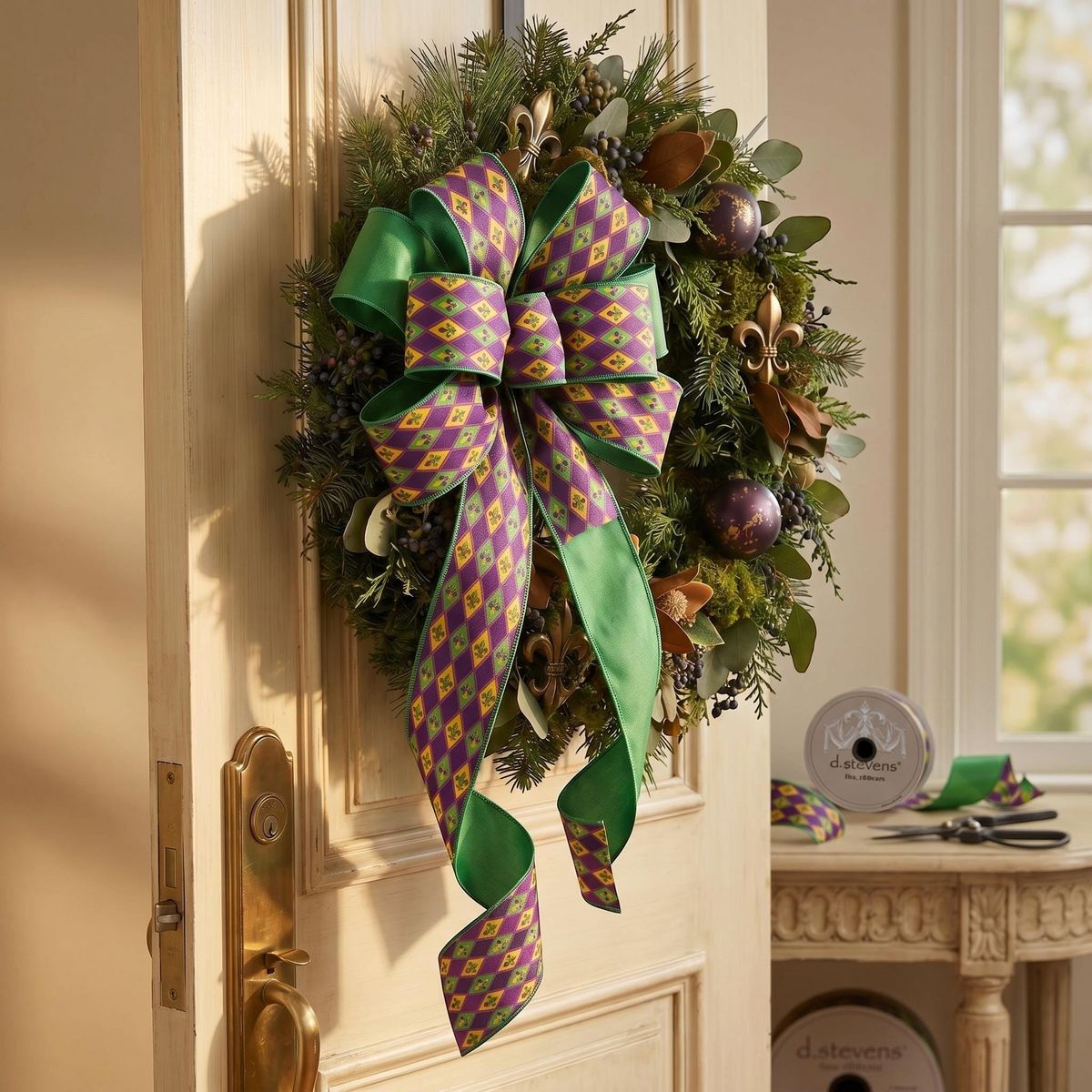 The Matthew John Collective satin Mardi Gras ribbon with purple and green harlequin fleur de lis on a festive wreath