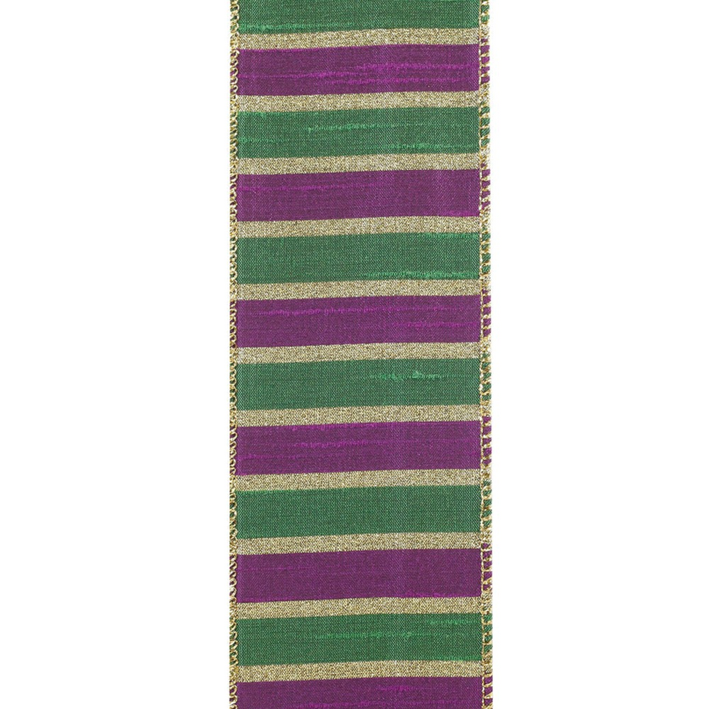The Matthew John Collective Mardi Gras striped dupioni wired ribbon in purple, green, and gold.