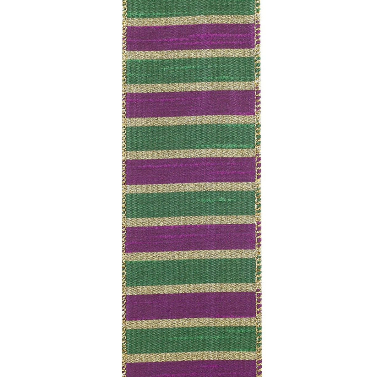 The Matthew John Collective Mardi Gras striped dupioni wired ribbon in purple, green, and gold.