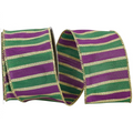 The Matthew John Collective Mardi Gras striped dupioni wired ribbon in purple, green, and gold.