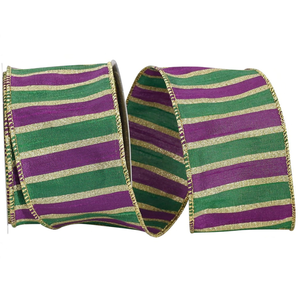 The Matthew John Collective Mardi Gras striped dupioni wired ribbon in purple, green, and gold.