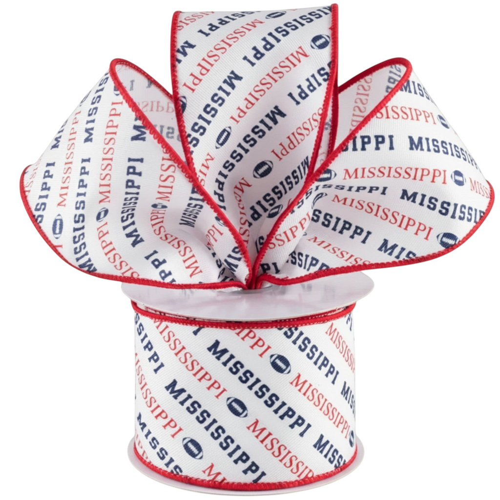 The Matthew John Collective white canvas ribbon with red and navy Mississippi text and football pattern, wired edges.