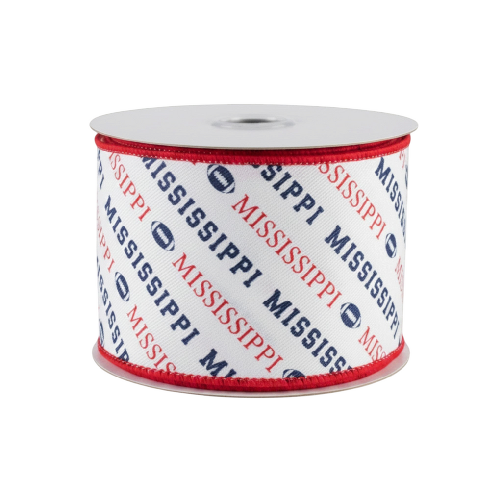 The Matthew John Collective 2.5 inch white canvas ribbon with diagonal Mississippi text and navy blue footballs