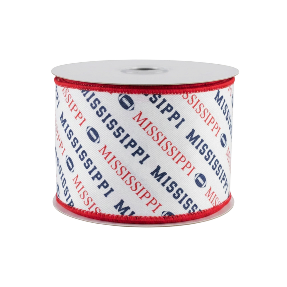 The Matthew John Collective 2.5 inch white canvas ribbon with diagonal Mississippi text and navy blue footballs