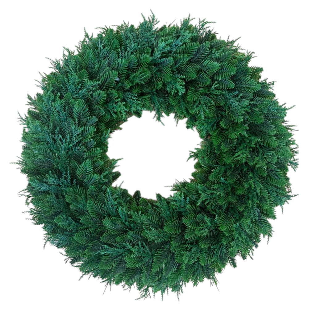 The Matthew John Collective 22-inch round mixed evergreen wreath with realistic faux cedar and pine foliage.