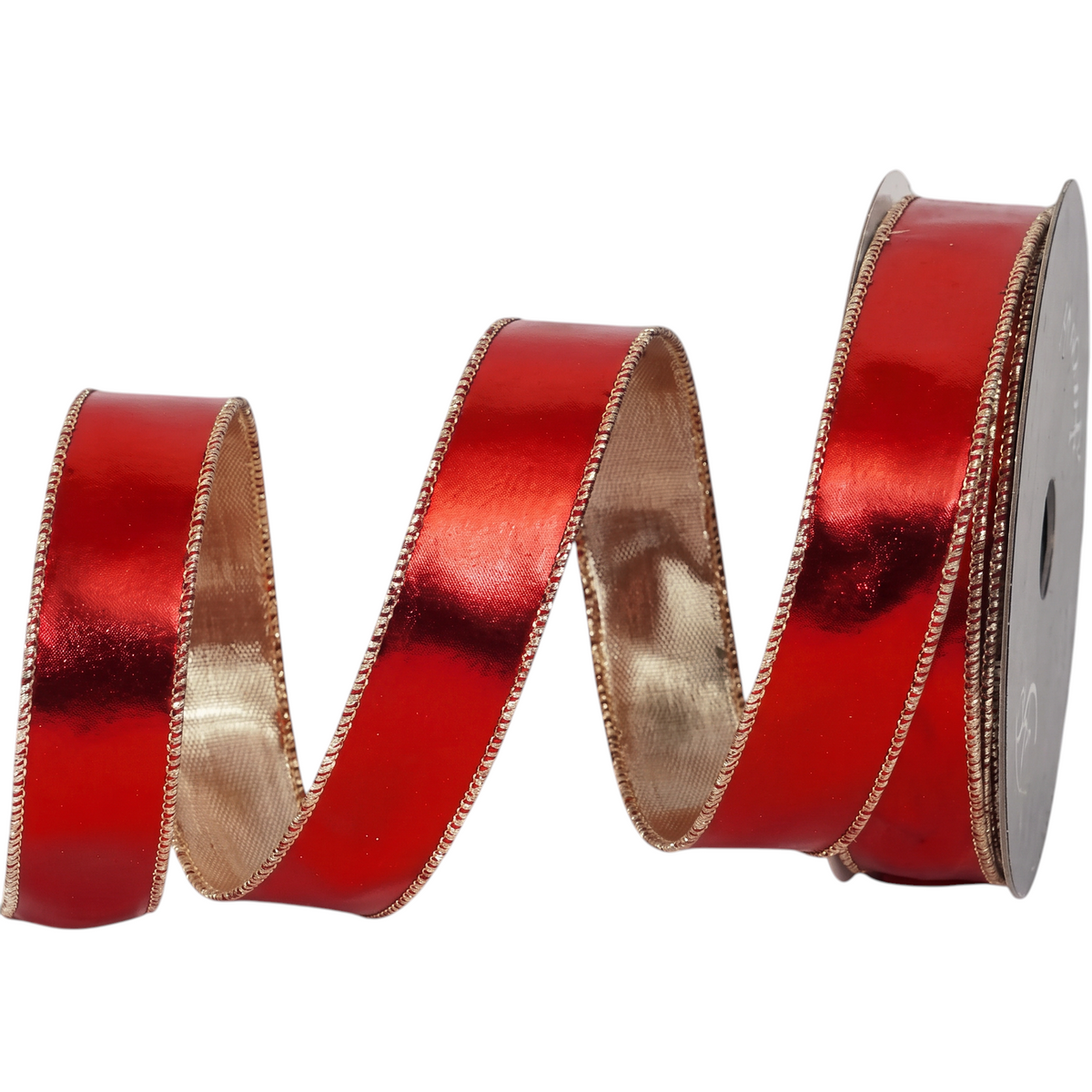 The Matthew John Collective Farrisilk molten red metallic holiday ribbon with gold-toned edges on a spool.