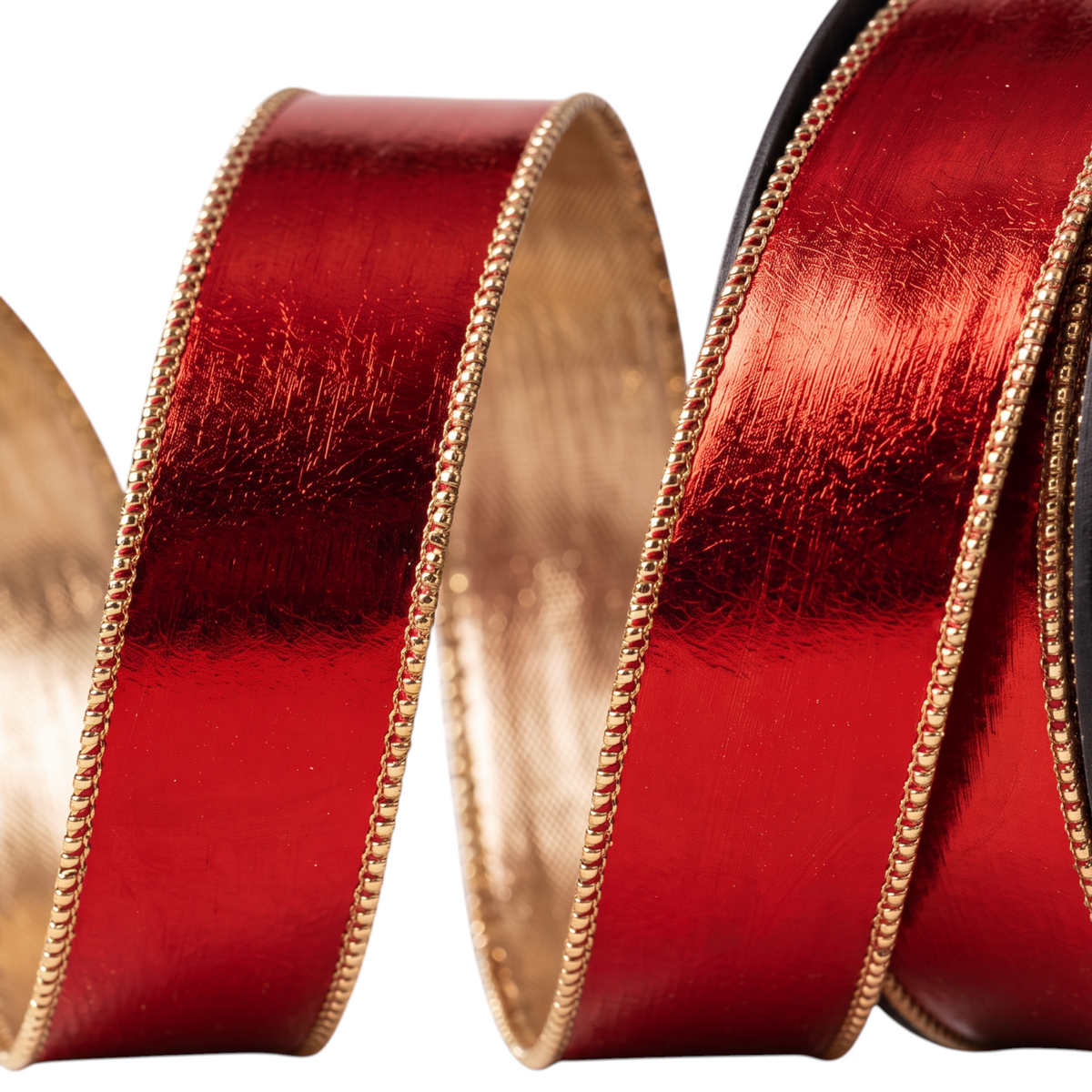 The Matthew John Collective Farrisilk molten red metallic holiday ribbon with shimmering gold-toned beaded edges