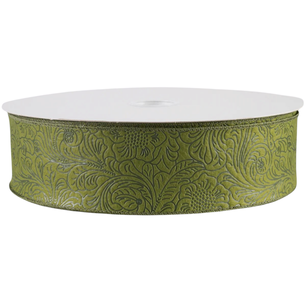 The Matthew John Collective moss green wired ribbon with an embossed floral pattern on non-woven fabric.