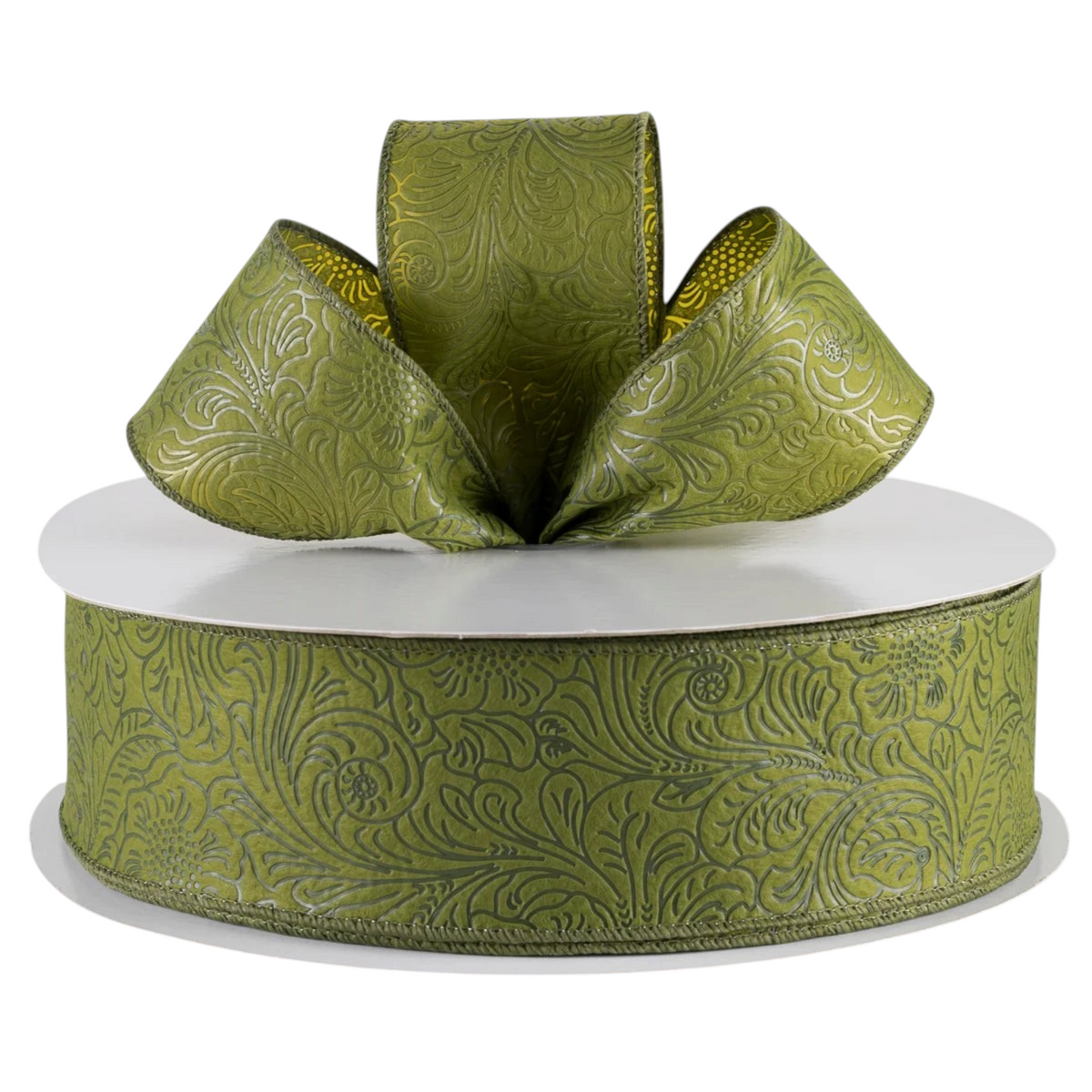 The Matthew John Collective moss green wired ribbon with an embossed floral pattern on non-woven fabric.