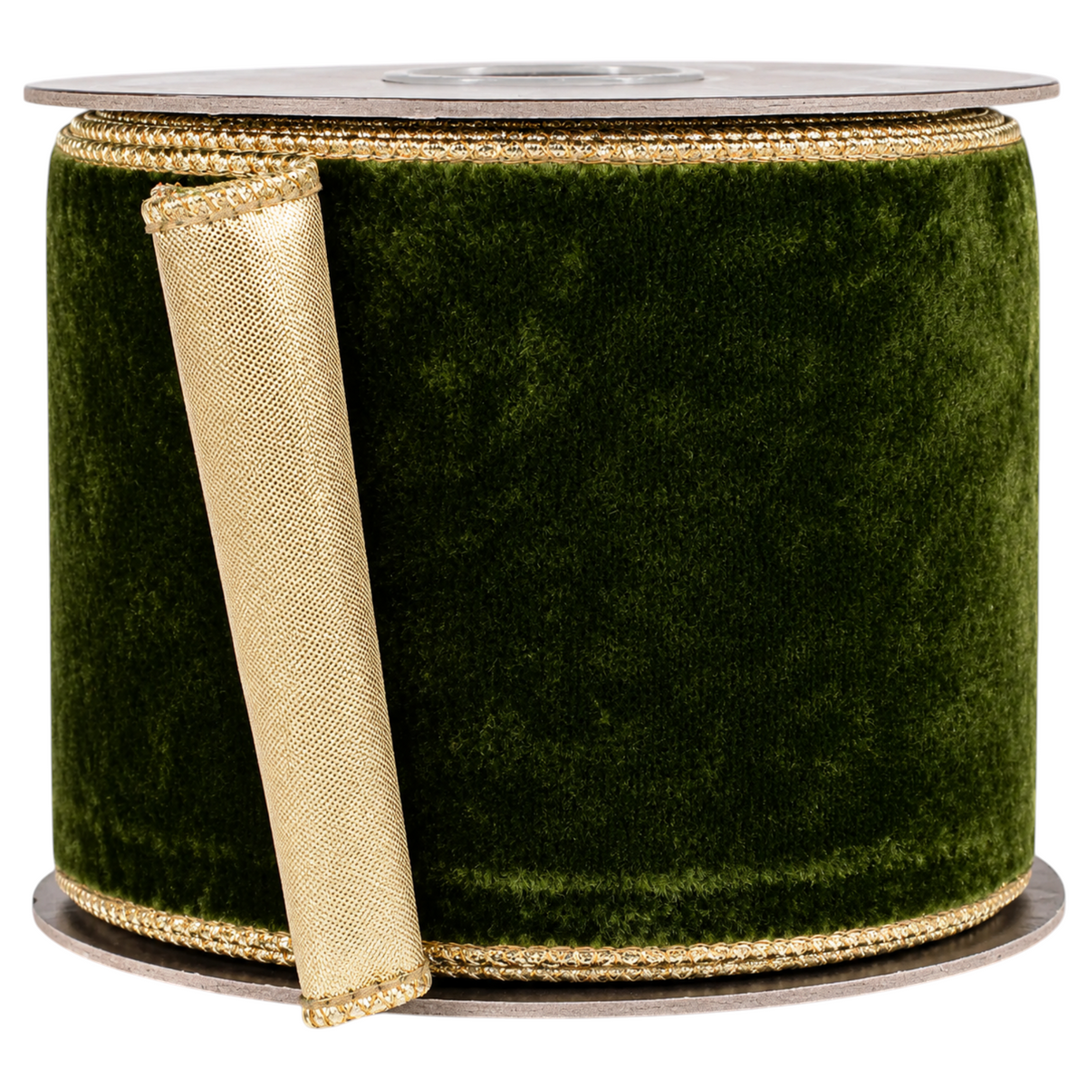 The Matthew John Collective moss green velvet and metallic gold dupioni wired ribbon on a spool for holiday decor.