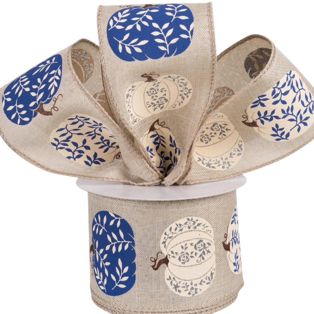 The Matthew John Collective wired linen ribbon featuring navy and ivory pumpkin patterns for fall farmhouse decor.