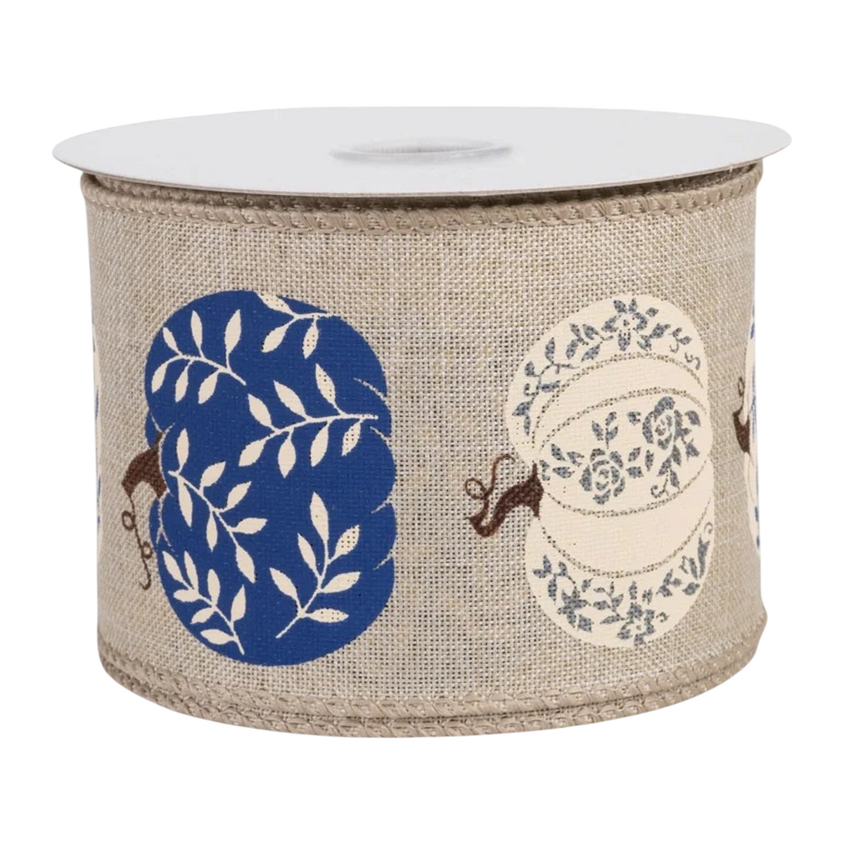 The Matthew John Collective 2.5-inch wired linen ribbon featuring navy and ivory botanical pumpkin patterns.