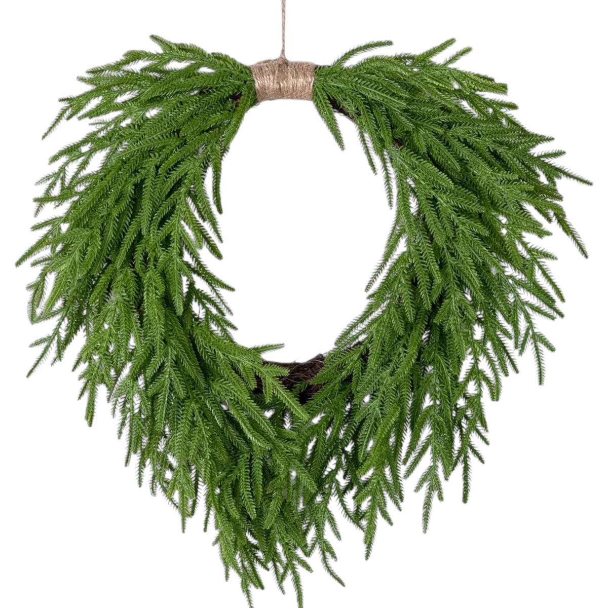 The Matthew John Collective 24-inch teardrop Norfolk pine wreath with soft-touch green foliage and jute twine hanger.