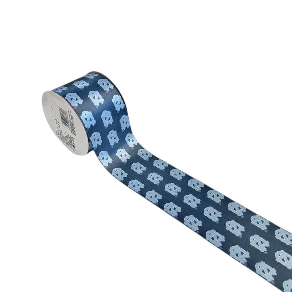 The Matthew John Collective North Carolina Tar Heels double face satin ribbon with blue logo print on a spool