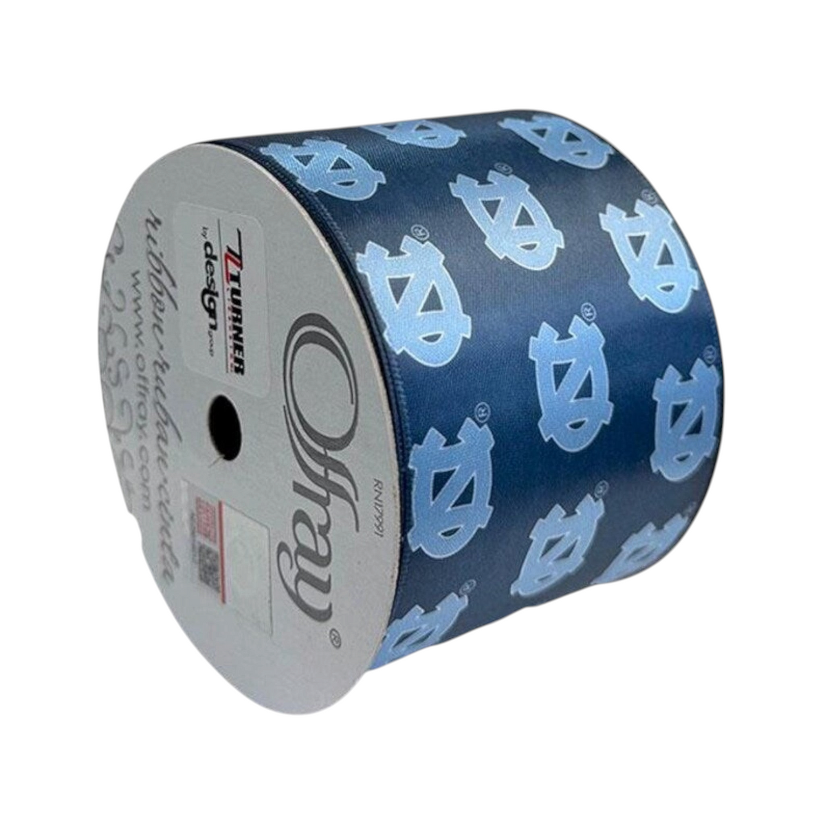 The Matthew John Collective North Carolina Tar Heels double face satin ribbon in navy blue with light blue logos