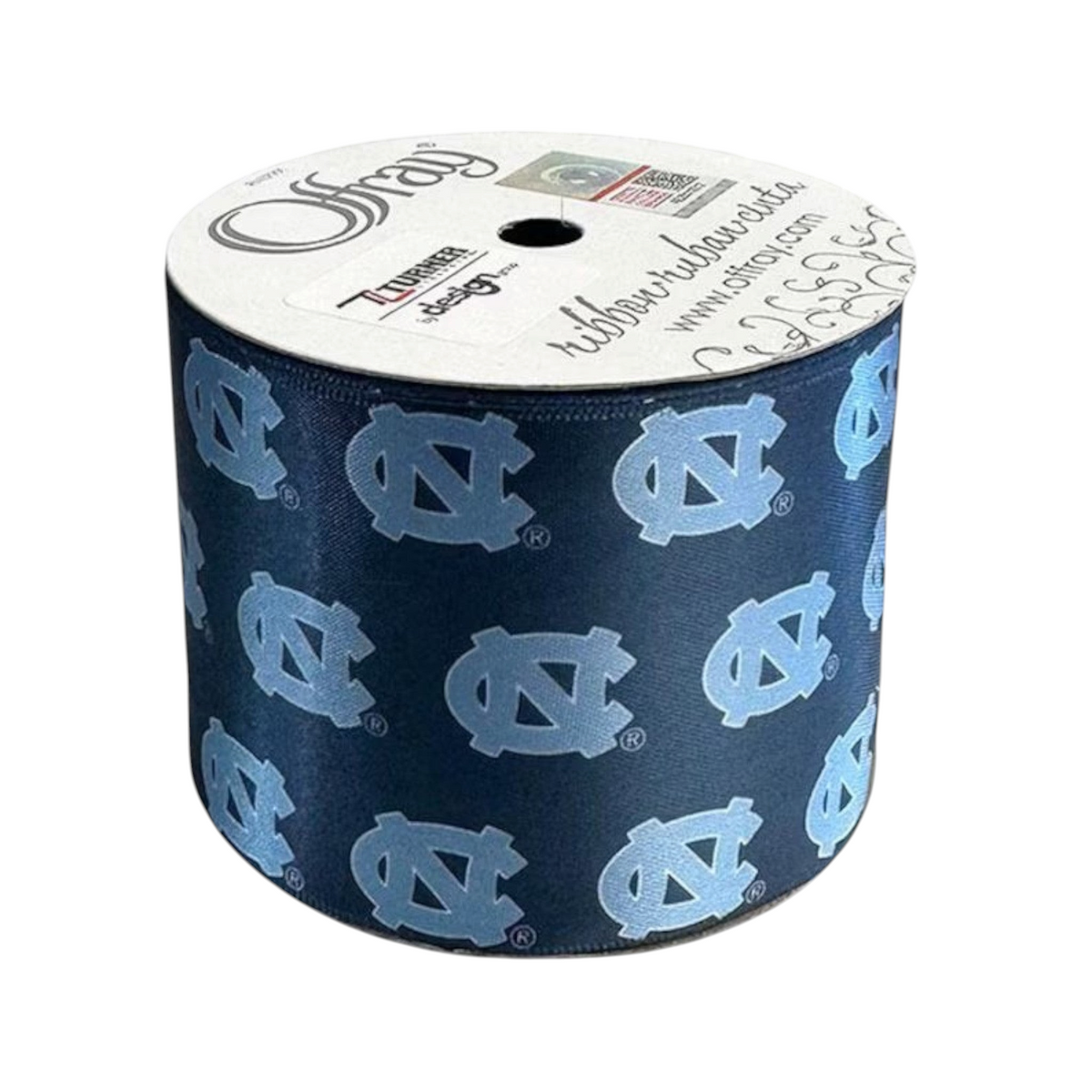 The Matthew John Collective North Carolina Tar Heels double face satin ribbon in navy blue with light blue logos