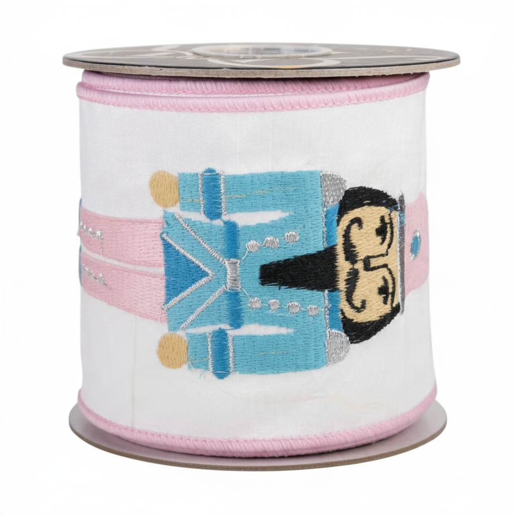The Matthew John Collective pastel nutcracker embroidered wired ribbon on a white dupioni roll with pink edges.