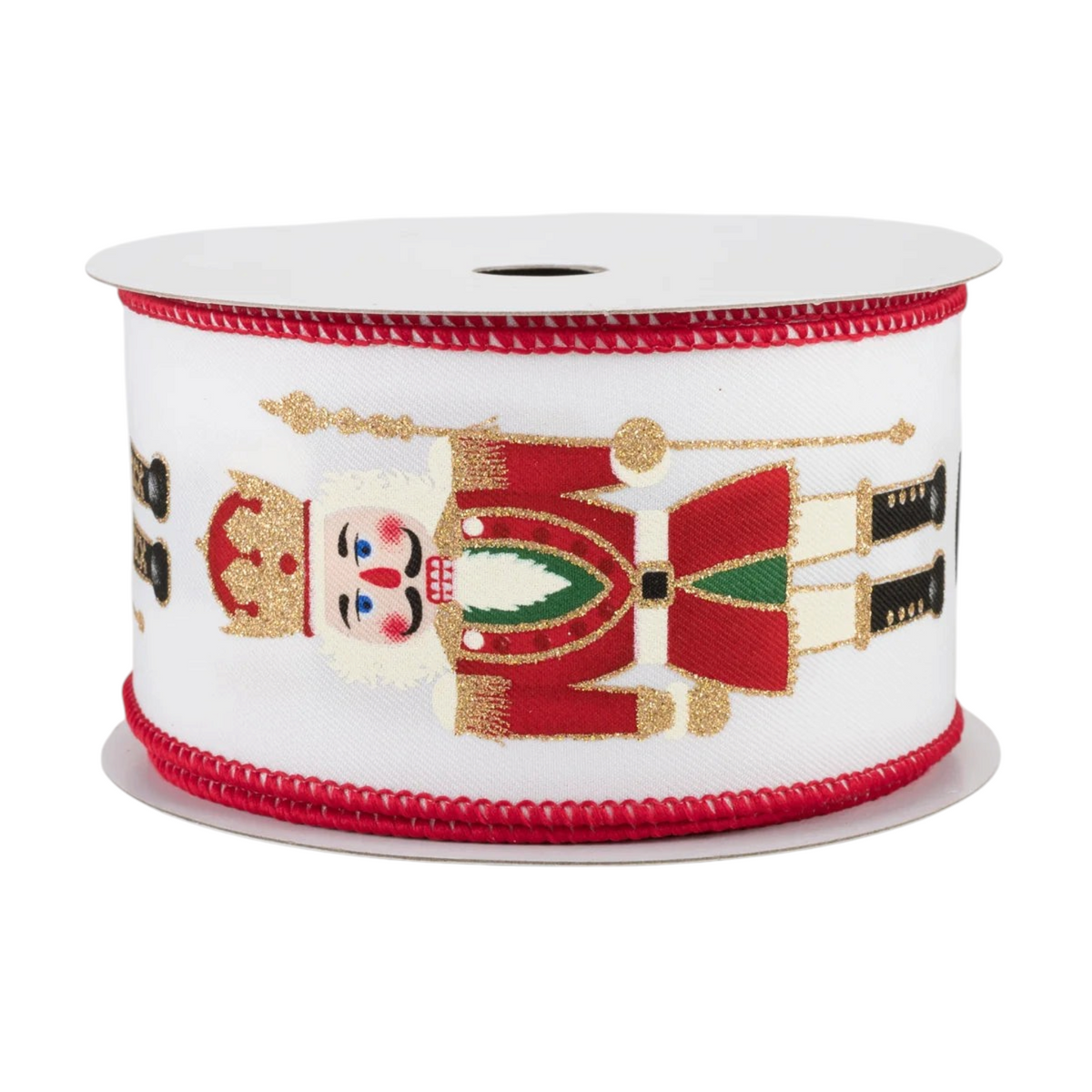The Matthew John Collective wired Christmas ribbon featuring a nutcracker soldier print on white canvas with gold glitter