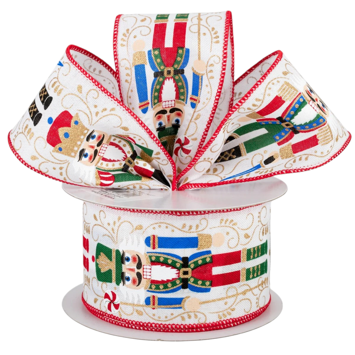 The Matthew John Collective nutcracker wired ribbon on a white canvas with red, green, and gold festive details.