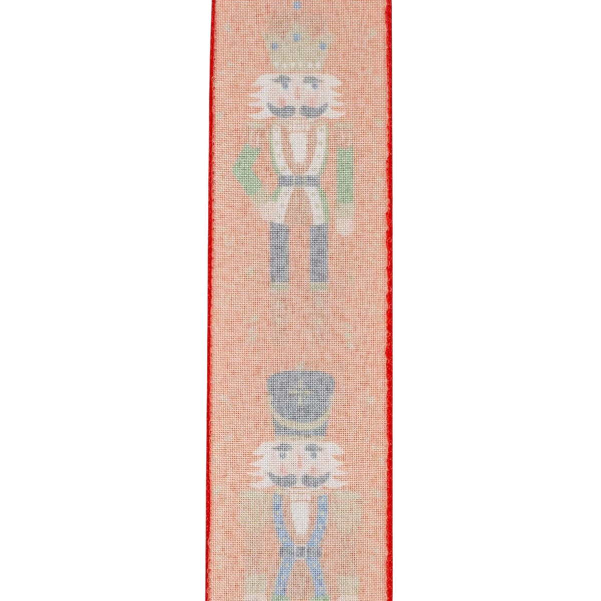 The Matthew John Collective red wired edge ribbon featuring whimsical nutcracker figures and scrollwork patterns.