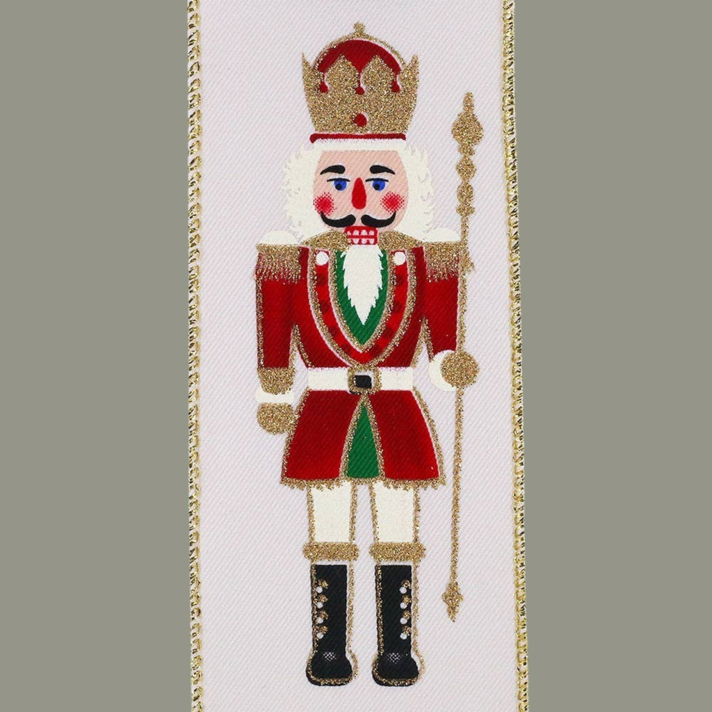 The Matthew John Collective ivory wired ribbon featuring a festive red, green, and gold nutcracker soldier pattern.