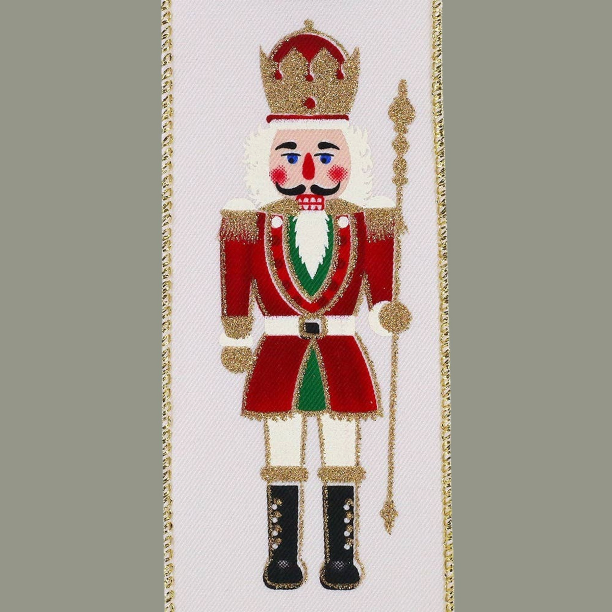 The Matthew John Collective ivory wired ribbon featuring a festive red, green, and gold nutcracker soldier pattern.