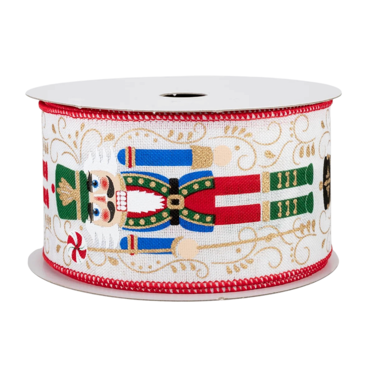 The Matthew John Collective nutcracker wired ribbon on a white canvas roll with red stitched edges and gold accents.