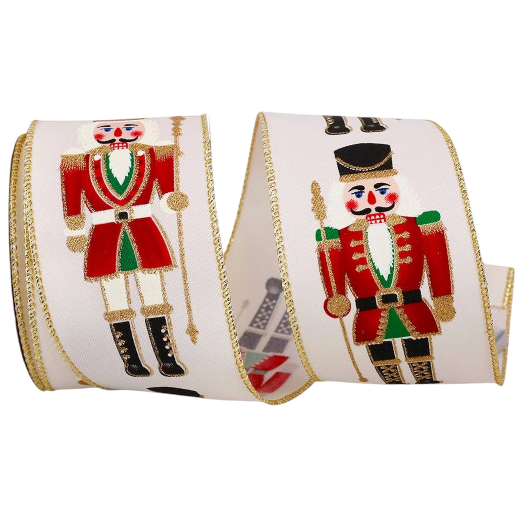 The Matthew John Collective ivory wired ribbon featuring a festive nutcracker soldier pattern with gold trim