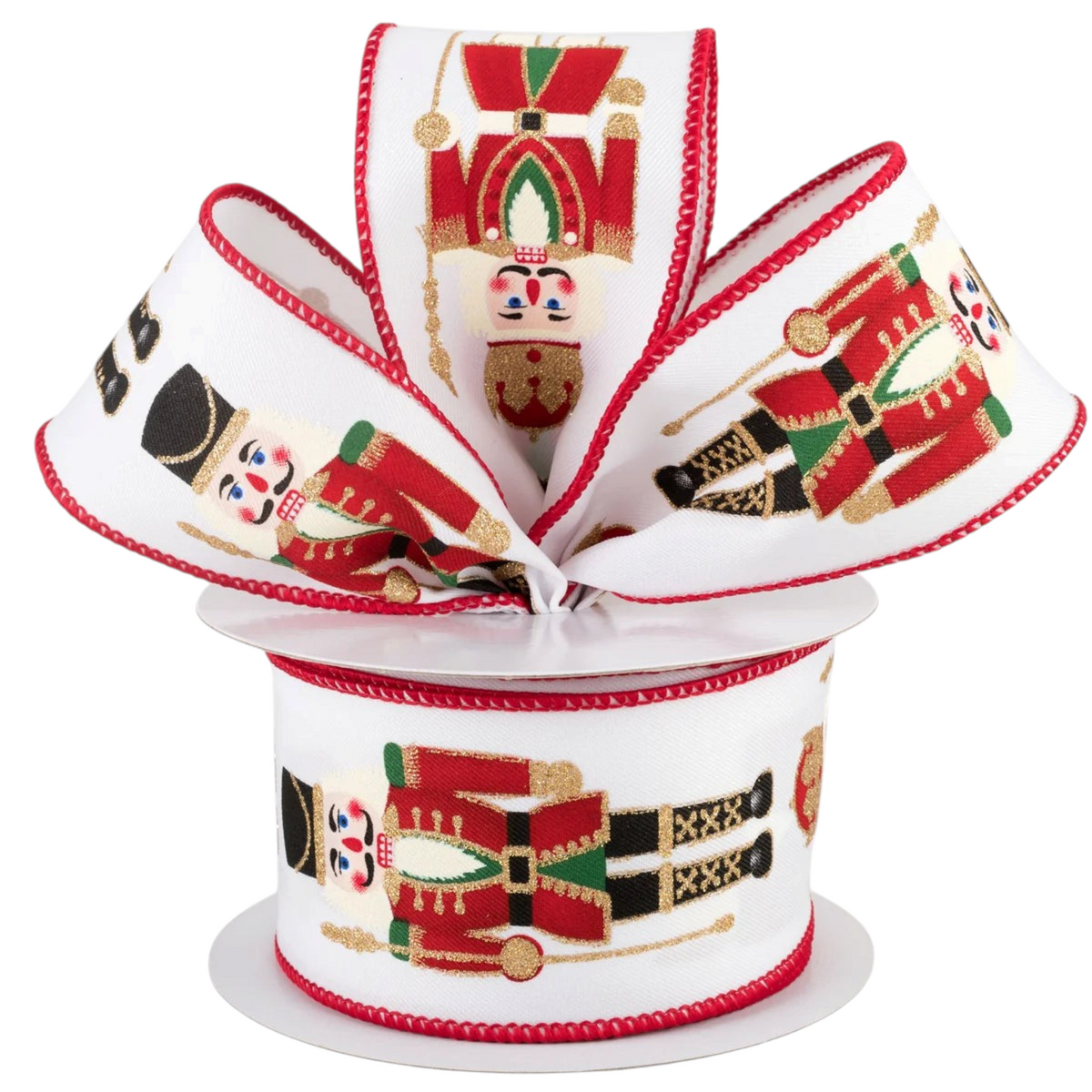 The Matthew John Collective nutcracker wired ribbon with red, green, and gold glitter details on white canvas