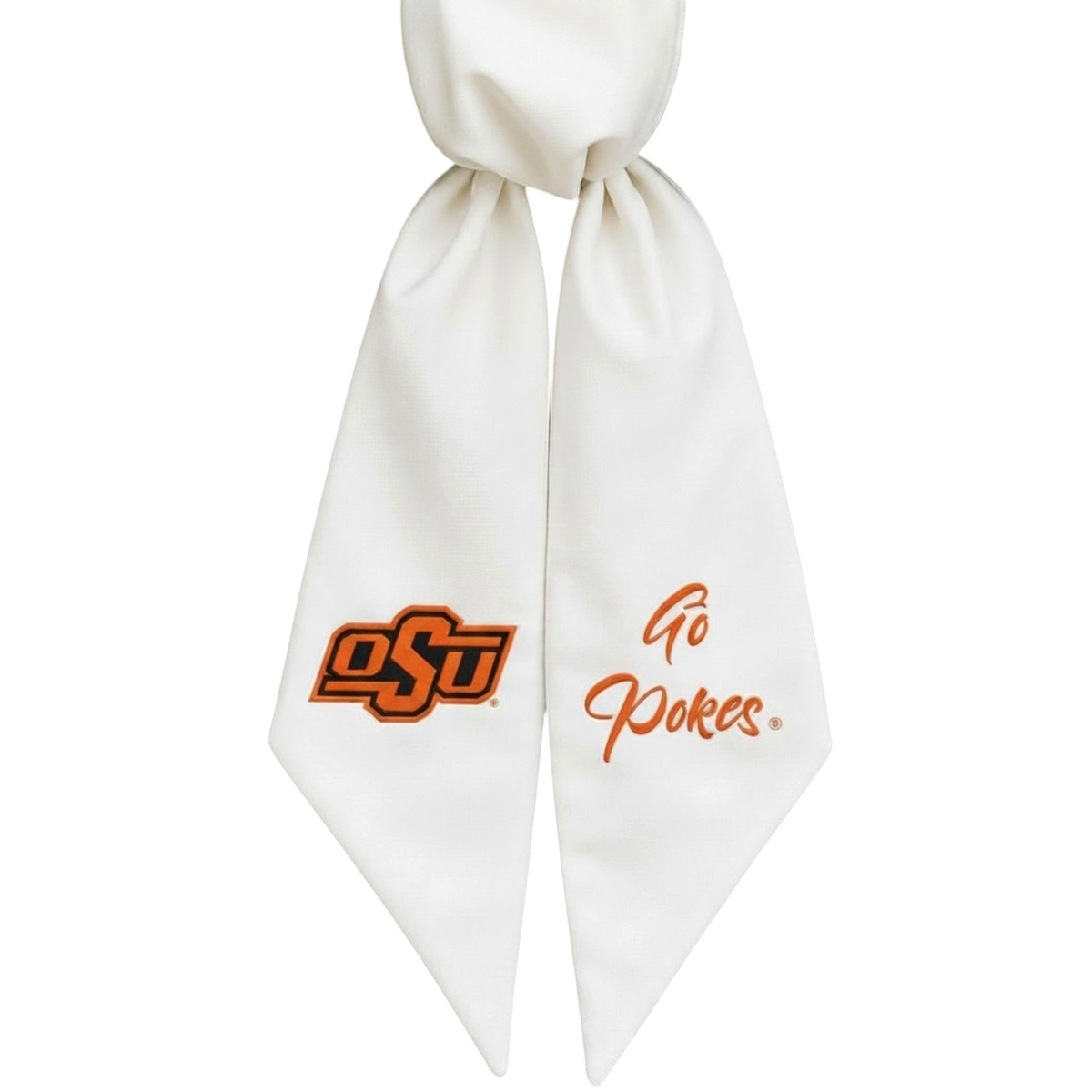 The Matthew John Collective white Oklahoma State wreath sash with orange and black OSU logo and Go Pokes embroidery.
