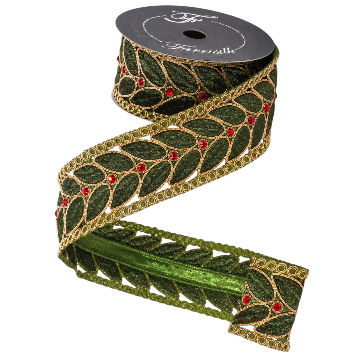 The Matthew John Collective Farrisilk laurel leaf lace ribbon in olive green with gold embroidery and red rhinestones.