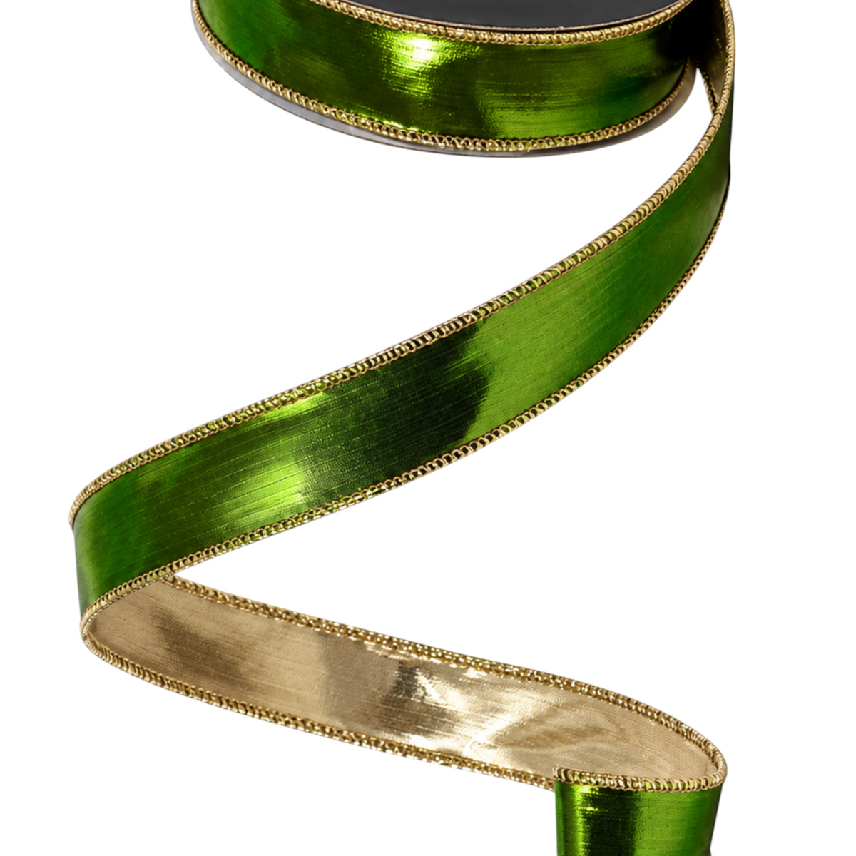 The Matthew John Collective Farrisilk Molten olive green designer ribbon with metallic gold edges on a spool