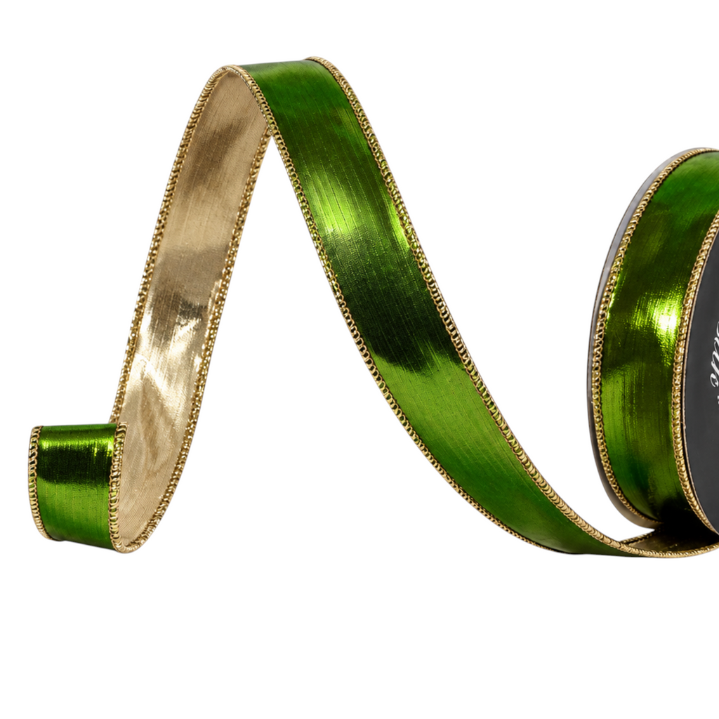 The Matthew John Collective Farrisilk Molten olive green designer ribbon with metallic gold edges on a spool
