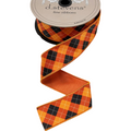 The Matthew John Collective D Stevens satin ribbon featuring an orange, black, and white argyle plaid pattern.