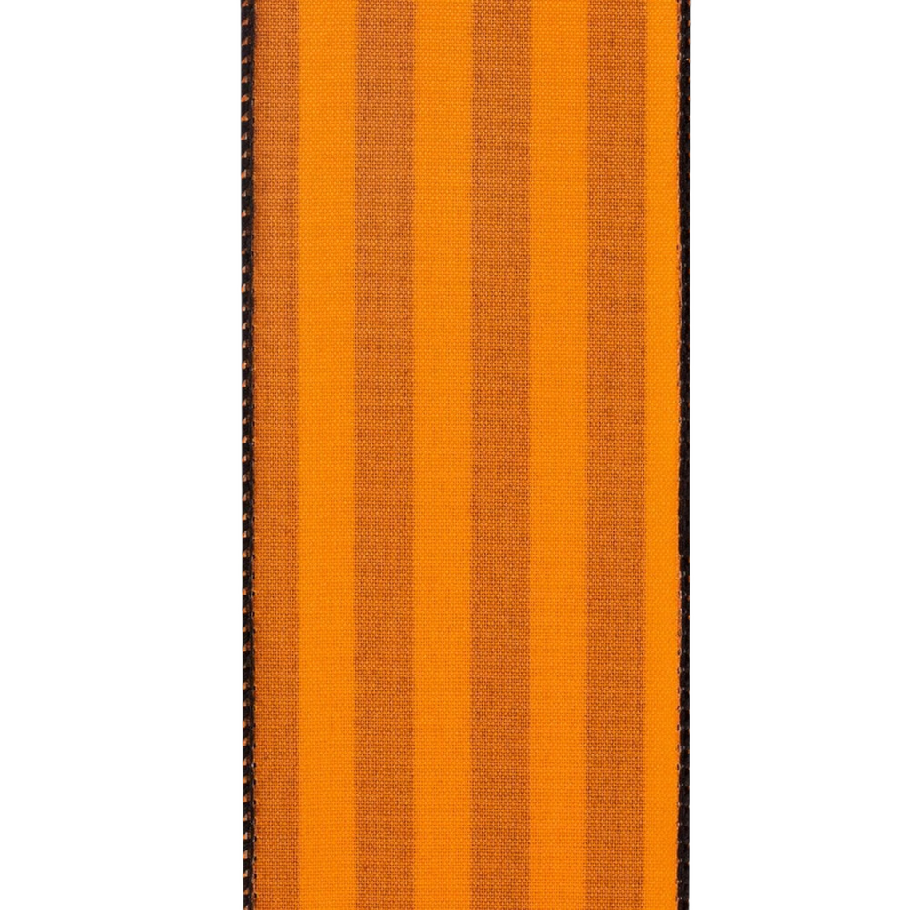The Matthew John Collective 2.5 inch orange and black flocked stripe wired ribbon for Halloween decor.